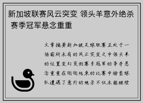新加坡联赛风云突变 领头羊意外绝杀 赛季冠军悬念重重