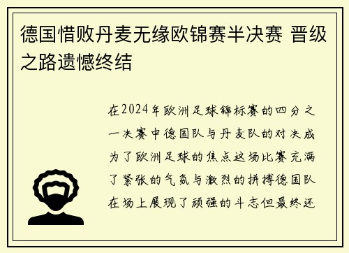 德国惜败丹麦无缘欧锦赛半决赛 晋级之路遗憾终结