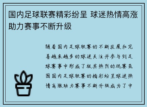 国内足球联赛精彩纷呈 球迷热情高涨助力赛事不断升级